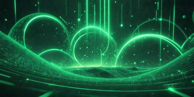 The primary subject of the image is a green, neon-lit background with a pattern of circles and lines. The setting appears to be a futuristic or digital environment. The visual style is a combination of digital art and illustration, creating a unique and captivating atmosphere. The dominant colors are green and white, with the green neon lights adding a sense of depth and intrigue to the scene.