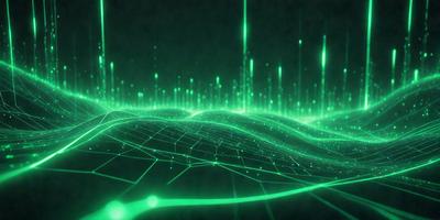 The primary subject of the image is a green, glowing, digital artwork of a wave. The setting is a dark background, which contrasts with the bright green wave. The visual style is a digital artwork, and the colors and mood are predominantly green, creating a serene and calming atmosphere.