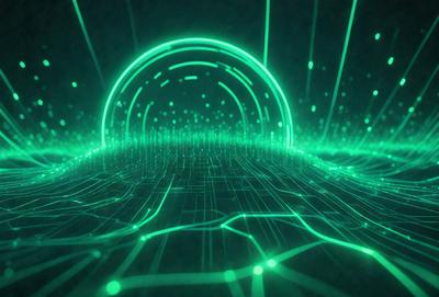 The primary subject of the image is a green, glowing circle with a pattern of green lines. The setting is a dark background, which contrasts with the bright green circle. The visual style appears to be a combination of digital art and illustration, creating a unique and captivating scene. The colors and mood of the image are predominantly green, giving it a calm and soothing atmosphere.