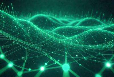 The primary subject of the image is a green, glowing, and intricate pattern. The setting is a dark background, which contrasts with the bright, luminous pattern. The visual style appears to be a combination of digital art and illustration, creating a unique and captivating scene. The colors and mood of the image are predominantly green, with a sense of depth and complexity, giving the impression of a futuristic or technological environment.