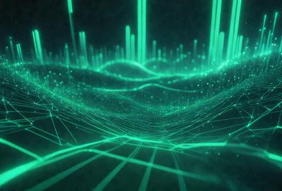 The primary subject of the image is a green, glowing, and colorful pattern. The setting is a dark background, which contrasts with the vibrant colors of the pattern. The visual style appears to be a combination of digital art and illustration, creating a unique and captivating scene. The colors and mood of the image are predominantly green, with a sense of energy and creativity.