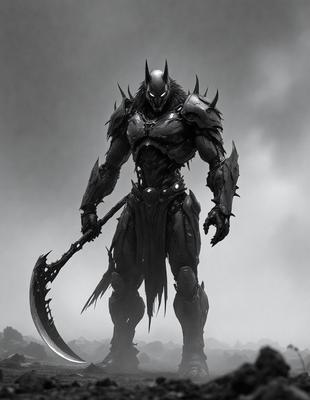 The primary subject of the image is a large, armored warrior with a demonic appearance. The warrior is holding a large, sharp weapon, possibly a sword or a scythe. The setting appears to be a dark, foggy environment, which adds to the ominous atmosphere of the scene. The visual style of the image is digital art, with the warrior and weapon being rendered in a detailed and intricate manner. The dominant colors in the image are dark shades, such as black, grey, and purple