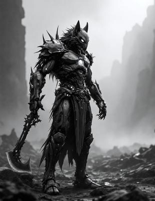 The primary subject of the image is a character dressed in a metal armor, holding a large sword. The character appears to be a warrior or a demon, with a menacing and powerful presence. The setting is a dark and ominous environment, with a mountainous backdrop and a rocky surface. The visual style of the image is a digital art or illustration, with a focus on the character's armor and the sword. The colors and mood of the image are dark and intense, with a sense of