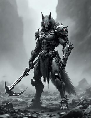 The primary subject of the image is a character, possibly a wolf or a warrior, wearing a suit of armor and holding a weapon. The setting is a dark, rocky environment, which adds to the overall mood of the image. The visual style appears to be a digital art or illustration, with a focus on the character and the weapon. The colors are predominantly dark, with some contrasting elements, such as the armor and the weapon, adding to the dramatic atmosphere.