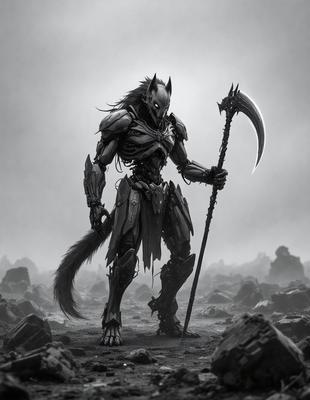 The primary subject of the image is a robotic creature with a scythe, standing on a rocky surface. The robot appears to be a mix of a wolf and a skeleton, giving it a unique and eerie appearance. The setting is a rocky landscape, which adds to the overall atmosphere of the image. The visual style is a combination of digital art and illustration, creating a detailed and intricate scene. The dominant colors in the image are dark and muted tones, which contribute to the mysterious and o