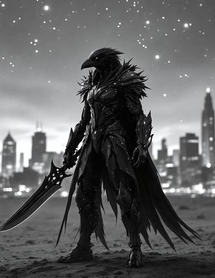 The primary subject of the image is a person dressed in a black costume, holding a sword. The setting is a cityscape with a skyline in the background. The visual style is a black and white illustration, giving the image a dramatic and artistic feel. The dominant colors are black and white, with the skyline providing a contrasting backdrop. The overall atmosphere of the image is mysterious and intense.