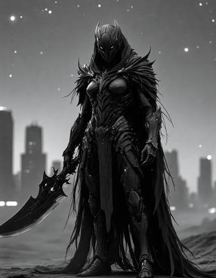 The primary subject of the image is a woman dressed in a dark, demonic costume, holding a large sword. She is standing in front of a city skyline, which serves as the setting and background of the scene. The visual style of the image is digital art, with the woman and her surroundings depicted in a detailed and intricate manner. The colors and mood of the image are dark and dramatic, with the woman's costume and the city skyline creating a sense of mystery and danger.