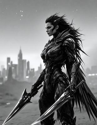 The primary subject of the image is a woman dressed in a futuristic outfit, holding two large swords. She is standing in front of a city skyline, which serves as the setting and background of the scene. The visual style of the image is digital art, as it appears to be a drawing or illustration of a woman with swords. The colors and mood of the image are dark and dramatic, with the woman's outfit and the city skyline creating a sense of mystery and power.