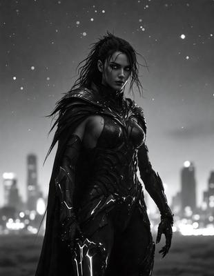 The primary subject of the image is a woman dressed in a black outfit, possibly a costume or a futuristic armor. She is standing in front of a city skyline, which serves as the setting and background of the scene. The visual style of the image is a black and white drawing, giving it a classic and timeless appearance. The woman's outfit and the city skyline create a dramatic and mysterious atmosphere.