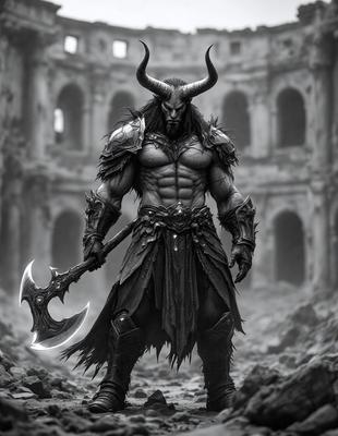 The primary subject of the image is a demonic figure, possibly a demon or a character from a fantasy world, standing in a dark and ruined environment. The setting includes a castle-like structure with crumbling walls, and the visual style appears to be a digital art or illustration. The colors in the image are predominantly dark and muted, creating a moody and ominous atmosphere.