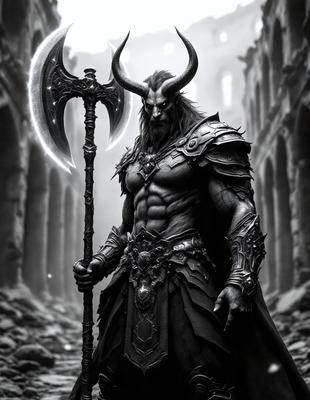 The primary subject of the image is a man dressed in a demonic costume, holding a large, ornate sword. The setting is a dark, possibly medieval-themed environment, with the man standing in front of a castle-like structure. The visual style appears to be a digital art or illustration, with the man's costume and the sword being the main focus of the image. The colors and mood are dark and dramatic, creating an intense and mysterious atmosphere.