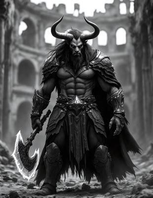 The primary subject of the image is a man dressed in a medieval-style armor, holding a large sword. He appears to be a warrior or a demon, with a fierce and intimidating expression. The setting is a dark and ominous environment, with a castle-like structure in the background. The visual style is a digital art or illustration, with a focus on the intricate details of the armor and the sword. The colors and mood are dark and dramatic, with a sense of danger and