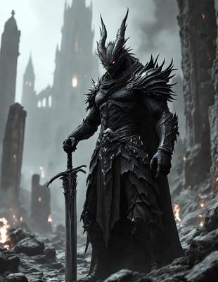 The primary subject of the image is a man dressed in a medieval-style armor, holding a sword. He appears to be a warrior or a demon, standing in a dark and ominous setting. The visual style of the image is digital art, with the man's armor and the sword being the main focus. The colors in the image are predominantly dark, with some red and orange hues, creating a moody and dramatic atmosphere.
