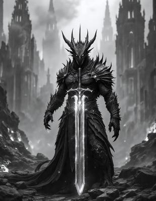 The primary subject of the image is a demonic figure, possibly a demon or a warrior, wearing a suit of armor and holding a sword. The setting is a dark, possibly demonic or fantasy-themed environment, with a castle-like structure in the background. The visual style appears to be a digital art or illustration, with a focus on the demonic figure and its surroundings. The colors and mood of the image are dark and ominous, with the demonic figure being the main point