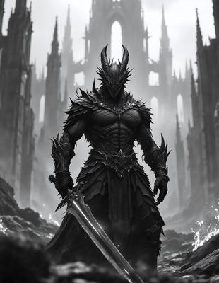 The primary subject of the image is a demonic character, possibly a demon or a warrior, wearing a suit of armor and holding a sword. The setting is a dark, possibly medieval, environment with a castle-like background. The visual style appears to be a digital art or illustration, with a focus on the demonic figure and its surroundings. The colors and mood of the image are dark and ominous, with the demonic character being the main point of interest.