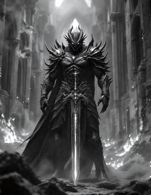 The primary subject of the image is a man dressed in a medieval-style armor, holding a sword. He appears to be a warrior or a knight, ready for battle. The setting is a dark, possibly magical, environment with a castle-like background. The visual style is a digital art or illustration, creating a dramatic and intense atmosphere. The colors are predominantly dark, with the man's armor and the sword being the main focus, while the castle in the background adds a sense of mystery