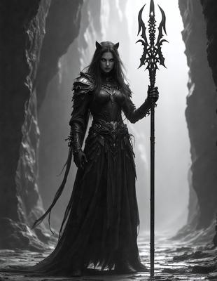 The primary subject of the image is a woman dressed in a medieval-style costume, holding a staff. She is standing in a dark, rocky cave, with a gothic atmosphere. The setting includes a rocky background and a dark, shadowy environment. The visual style of the image is a combination of digital art and illustration, creating a dramatic and mysterious scene. The colors in the image are predominantly dark, with some shadows and highlights, contributing to the overall gothic mood.