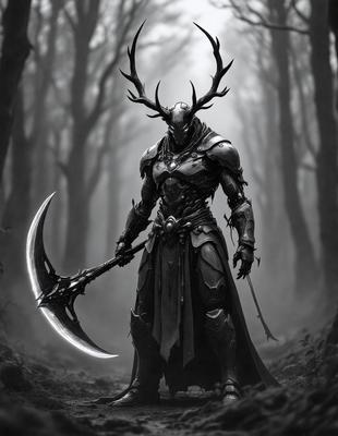 The primary subject of the image is a man dressed in a medieval-style costume, holding a large, ornate sword. The setting is a dark forest, with the man standing in the middle of the scene. The visual style appears to be a digital art or illustration, creating a dramatic and mysterious atmosphere. The dominant colors are dark shades, such as black, grey, and brown, which contribute to the overall mood of the image.