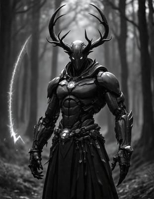 The primary subject of the image is a character dressed in a black and silver costume, standing in a forest. The setting is a dark, wooded area with trees surrounding the character. The visual style of the image is digital art, as it appears to be a drawing or illustration of a fantasy character. The colors and mood of the image are dark and mysterious, with the character's costume and the forest's surroundings creating a sense of intrigue and danger.