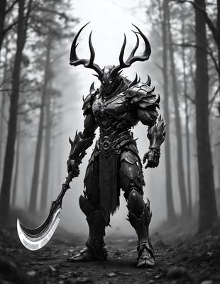 The primary subject of the image is a man dressed in a suit of armor, holding a sword. The setting is a forest, with trees visible in the background. The visual style is a black and white photo, giving the image a classic and dramatic feel. The dominant colors are black and white, with the armor and sword being the main focus of the image. The overall atmosphere is one of strength and power, as the man in armor appears to be ready for battle.