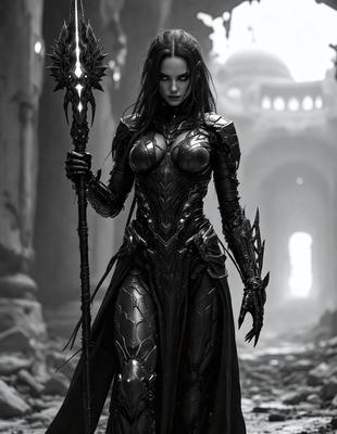 The primary subject of the image is a woman dressed in a medieval-style costume, holding a wand. She is standing in a dark, possibly underground, setting. The visual style of the image is digital art, with the woman's costume and the environment being rendered in a detailed and realistic manner. The colors in the image are predominantly dark, with the woman's costume being the main source of color, creating a moody and dramatic atmosphere.