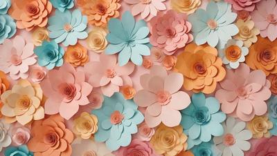 The primary subject of the image is a collection of colorful flowers, including pink, blue, orange, and yellow, arranged in a visually appealing manner. The flowers are placed on a pink background, which adds a touch of warmth to the scene. The visual style of the image is a combination of photo and digital art, creating a vibrant and lively atmosphere. The dominant colors in the image are pink, blue, and yellow, which evoke feelings of happiness and positivity.