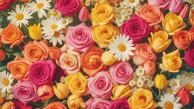 The primary subject of the image is a bouquet of colorful flowers, including pink, yellow, and orange roses. The flowers are arranged in a vase, creating a beautiful and vibrant display. The setting is a close-up of the flowers, showcasing their details and colors. The visual style is a realistic representation of the flowers, with no indication of digital art or illustration. The dominant colors in the image are pink, yellow, and orange, creating a warm and cheerful atmosphere.