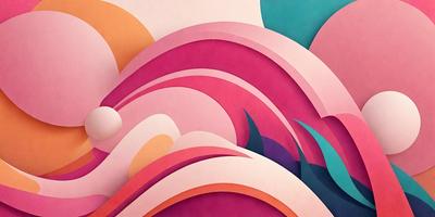The primary subject of the image is a colorful, abstract design featuring a mix of pink, orange, and blue colors. The setting is a paper or cardboard surface, which adds to the artistic and creative atmosphere. The visual style is a combination of digital art and illustration, showcasing the artist's skill in creating a visually appealing and unique design. The colors and mood of the image are vibrant, energetic, and lively, making it an eye-catching and engaging