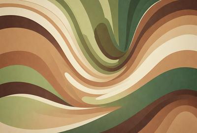 The primary subject of the image is a colorful, abstract design featuring a mix of green, brown, and white colors. The setting is a patterned surface, possibly a wallpaper or a painting. The visual style appears to be a combination of digital art and illustration, creating a unique and vibrant atmosphere. The colors and mood of the image are lively and energetic, with the green and brown tones adding a sense of warmth and depth to the overall design.