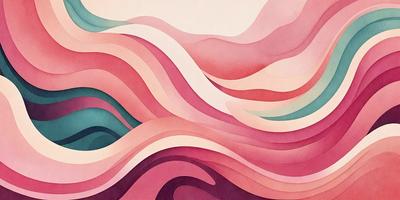 The primary subject of the image is a large, colorful painting of a wave. The setting is a white background, which contrasts with the vibrant colors of the wave. The visual style is a combination of digital art and illustration, creating a dynamic and engaging scene. The dominant colors are pink, purple, and white, giving the painting a warm and inviting atmosphere.
