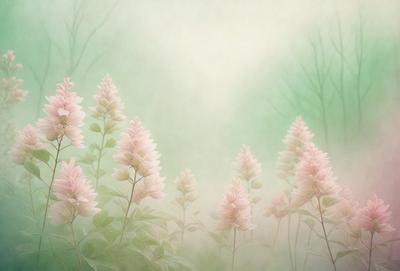 The primary subject of the image is a field of pink flowers, with a total of 13 flowers visible. The setting is a lush green field, and the visual style is a painting, which gives the image a vibrant and colorful appearance. The dominant colors are pink and green, creating a serene and peaceful atmosphere.