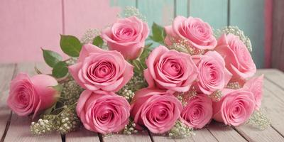 The primary subject of the image is a bouquet of pink roses. The setting is a wooden table, and the visual style is a close-up of the flowers. The dominant colors are pink, and the overall atmosphere is romantic and elegant.