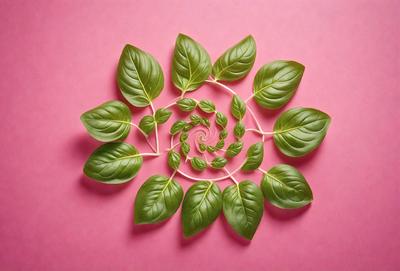 The image features a close-up of a pink background with a large number of green leaves arranged in a circular pattern. The leaves are spread out across the background, creating a visually appealing and natural scene. The primary subject of the image is the green leaves, which are the main focus and the central element of the composition. The setting is a pink background, which provides a contrasting and complementary color to the green leaves. The visual style of the image is a close-up, which emphasizes the details and textures