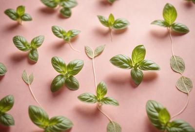 The image features a close-up of several small green plants, possibly basil, growing on a pink surface. The plants are spread out across the surface, with some appearing to be in the process of sprouting. The overall atmosphere of the image is lively and vibrant, with the green plants taking center stage.