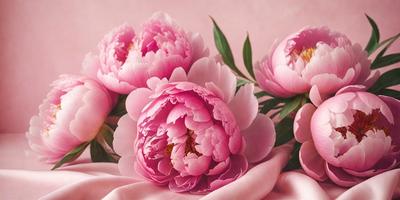 The primary subject of the image is a bouquet of three pink flowers. The flowers are arranged on a pink surface, which adds to the overall mood and visual style of the image. The setting appears to be a studio or a carefully arranged environment, as the flowers are the main focus of the image. The colors and mood of the image are predominantly pink, creating a warm and inviting atmosphere.