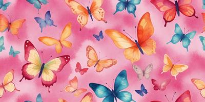The primary subject of the image is a collection of colorful butterflies. The setting is a pink background, and the visual style is a watercolor painting. The colors and mood of the image are vibrant and cheerful, with the butterflies being the main focus of the artwork.