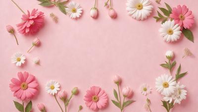 The primary subject of the image is a pink background with a variety of pink flowers scattered across it. The flowers are in different sizes and positions, creating a visually appealing and lively scene. The setting appears to be a pink surface, possibly a wall or a table, which serves as the background for the flowers. The visual style of the image is a combination of photo and digital art, as it captures the beauty of the flowers in a realistic yet artistic manner. The colors and mood of the image are