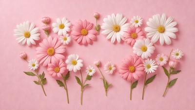 The primary subject of the image is a row of pink and white flowers. The flowers are arranged in a visually appealing manner, creating a sense of harmony and beauty. The setting is a pink background, which complements the colors of the flowers. The visual style of the image is a combination of photo and digital art, resulting in a realistic yet artistic representation of the flowers. The colors and mood of the image are predominantly pink and white, evoking a sense of warmth and freshness.