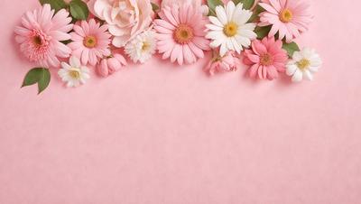 The primary subject of the image is a bouquet of flowers. The flowers are pink and white, and they are arranged in a visually appealing manner. The setting is a pink background, which adds a touch of elegance to the scene. The visual style of the image is a close-up of the flowers, showcasing their beauty and details. The colors and mood of the image are predominantly pink and white, creating a sense of warmth and freshness.