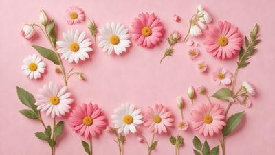 The primary subject of the image is a bouquet of white and pink flowers. The flowers are arranged in a circular pattern on a pink background. The visual style of the image is a close-up of the flowers, showcasing their details and colors. The dominant colors in the image are white and pink, creating a soft and delicate atmosphere.