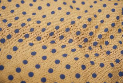 The primary subject of the image is a patterned fabric with a yellow background and blue polka dots. The setting is a close-up view of the fabric, showcasing the intricate design of the polka dots. The visual style is a detailed, up-close representation of the fabric, highlighting the unique pattern and colors. The colors and mood of the image are vibrant and lively, with the blue polka dots standing out against the yellow background.