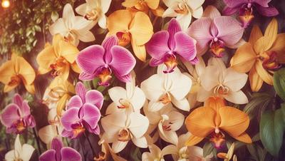 The primary subject of the image is a close-up of a flower, likely a pink orchid, with a yellow center. The flower is surrounded by other flowers, creating a vibrant and colorful scene. The setting appears to be a garden or a flower arrangement, with a natural and lively atmosphere. The visual style of the image is a close-up, which emphasizes the details and beauty of the flower. The colors and mood of the image are predominantly warm and inviting, with the pink and