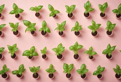 The primary subject of the image is a collection of potted plants with green leaves. The plants are arranged in a pattern, filling the entire frame. The setting is a pink background, which adds a vibrant and warm atmosphere to the scene. The visual style is a close-up of the plants, showcasing their details and textures. The colors and mood of the image are predominantly green and warm, creating a sense of freshness and growth.