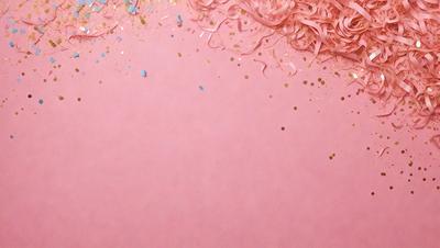 The primary subject of the image is a pink background with gold confetti sprinkled across it. The setting is a pink surface, and the visual style is a combination of photo and digital art. The colors and mood of the image are predominantly pink and gold, creating a warm and festive atmosphere.