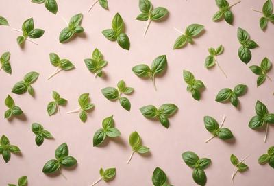 The image features a close-up of a pink background with numerous green leaves arranged in a pattern. The leaves are placed in various positions, creating a visually appealing and artistic display. The primary subject of the image is the green leaves, which are the main focus and the primary element of the scene. The setting is a pink background, which provides a contrasting and complementary color to the green leaves. The visual style of the image is a close-up of the leaves, showcasing their details and textures.