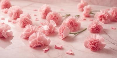 The primary subject of the image is a pink flower. The setting is a table with a marble surface. The visual style is a photo of the flower. The dominant colors are pink and white, creating a soft and delicate atmosphere.