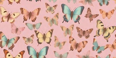 The primary subject of the image is a collection of butterfly illustrations or patterns. These butterflies are displayed in various colors and sizes, creating a visually appealing and diverse scene. The setting is a pink background, which adds a touch of warmth and contrast to the butterflies. The visual style of the image is a combination of digital art and illustration, showcasing the intricate details and vibrant colors of the butterflies. The overall atmosphere of the image is lively and
