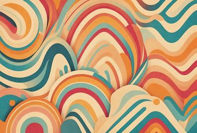 The primary subject of the image is a colorful, abstract design featuring a mix of blue, orange, and yellow colors. The setting is a wall with a patterned surface, which adds to the visual style. The design appears to be a combination of a painting and a digital artwork, creating a unique and vibrant atmosphere.