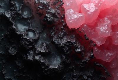 The primary subject of the image is a close-up of a rocky surface with a red substance on it. The setting appears to be a dark environment, possibly a cave or a rocky outcropping. The visual style of the image is a black and white photo, which adds a dramatic and artistic touch to the scene. The dominant colors are red and black, creating a striking contrast and a moody atmosphere.