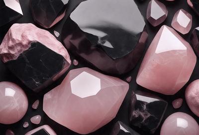 The primary subject of the image is a collection of variously shaped and colored rocks, including pink and black ones. The setting is a black background, which contrasts with the rocks and highlights their colors. The visual style is a close-up of the rocks, showcasing their unique shapes and textures. The dominant colors are pink and black, creating a visually striking and contrasting scene.